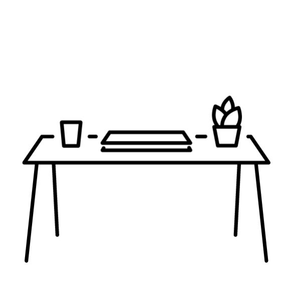 Vor weißem Hintergrund sieht man als Strichzeichnung einen Tisch mit einem Laptop, einem Trinkglas und einer Pflanze. Der Laptop ist zugeklappt.