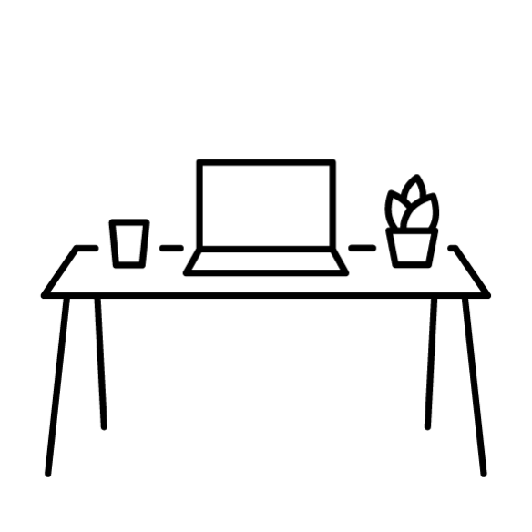 Vor weißem Hintergrund sieht man die Strichzeichnung eines Tisches. Auf dem Tisch befindet sich ein Laptop, ein Glas und eine Pflanze.