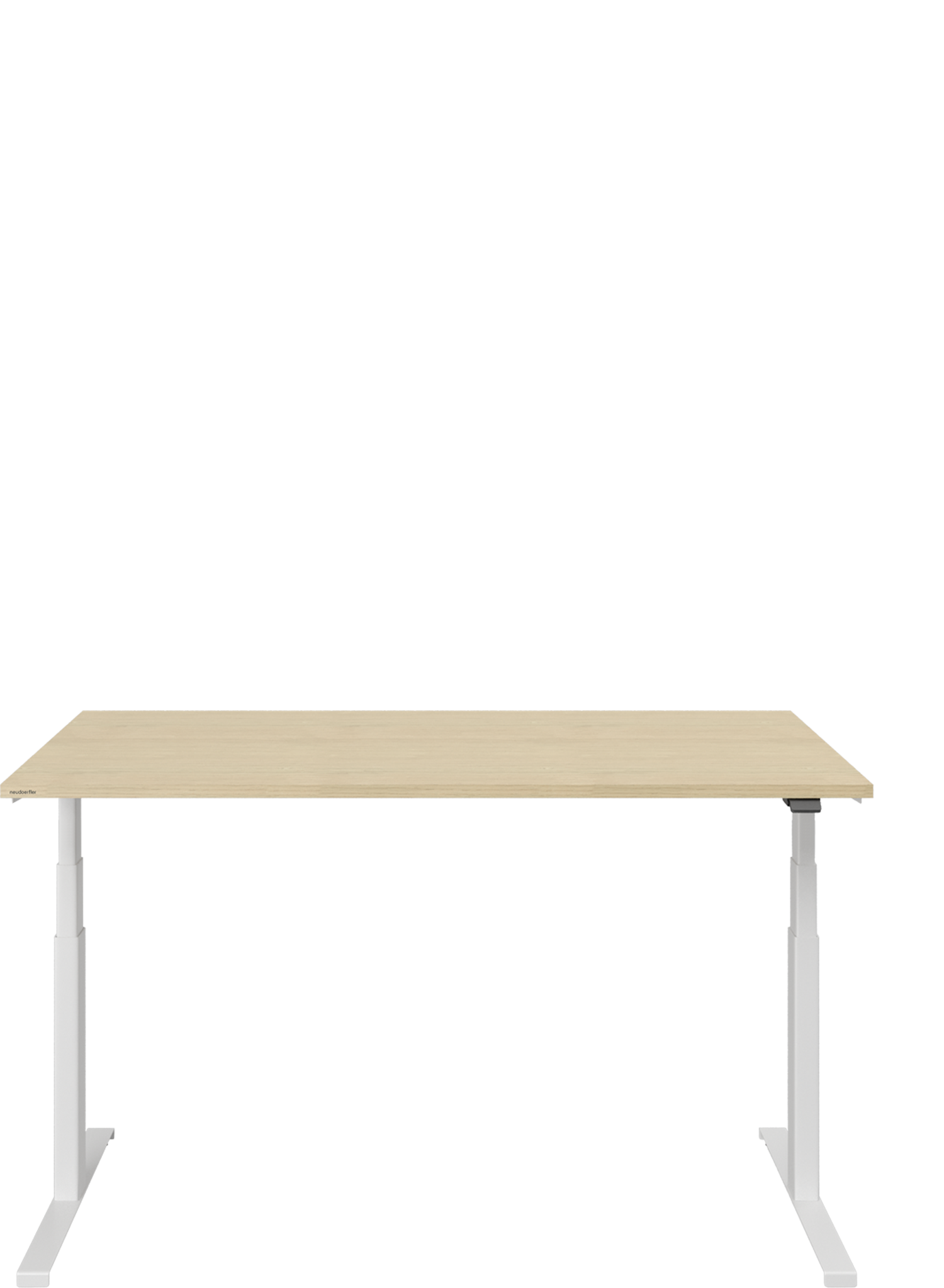 Von vorne sieht man einen höhenverstellbaren Tisch mit weißem Gestell. Die Tischplatte ist aus Holz. Auf der rechten Seite des Tisches befindet sich der schwarze Hebel für die Höhenverstellung.