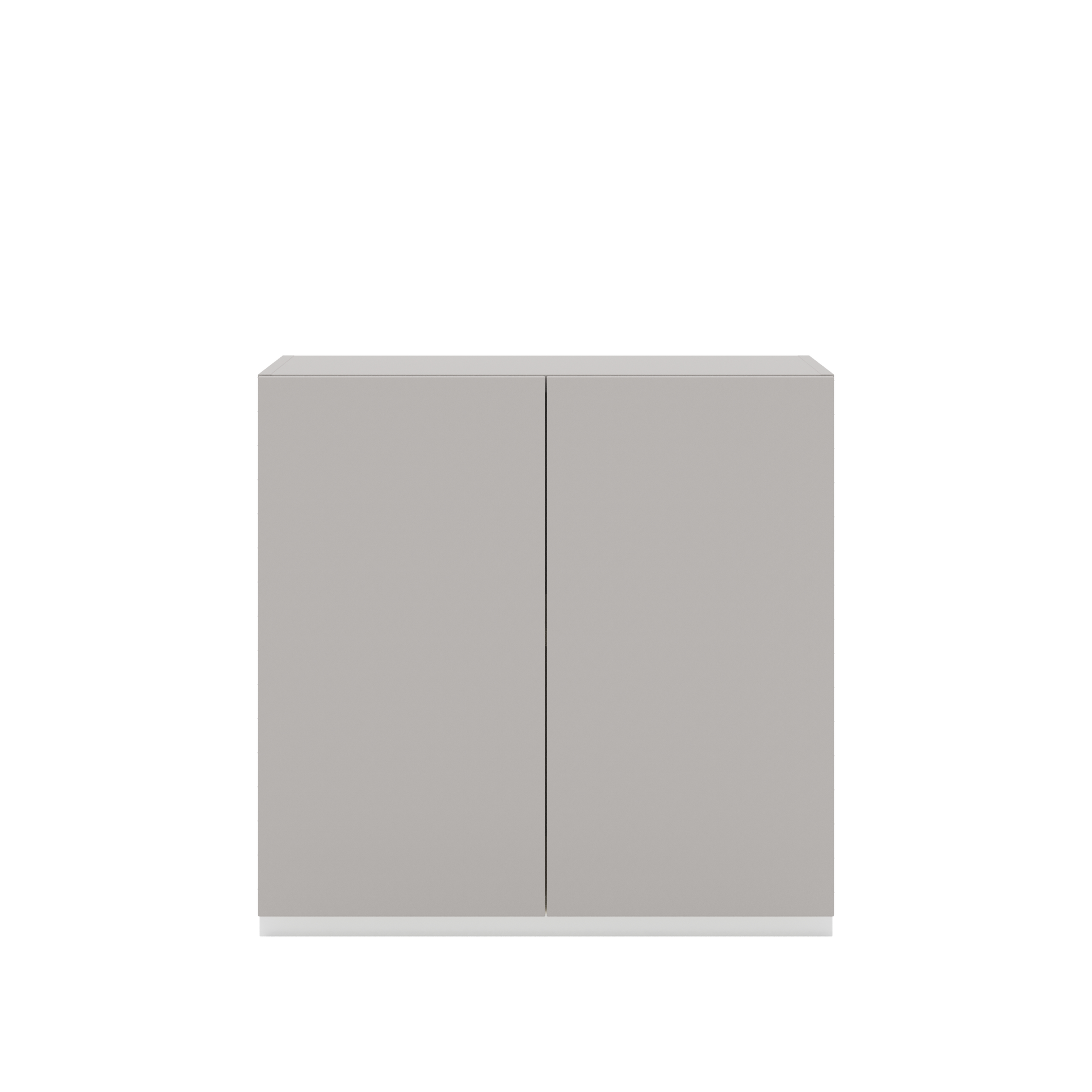 Vor weißem Hintergrund sieht man ein kiesgraues Sideboard. Die Türen haben keine Griffe und sind mit einem Push-to-open-Mechanismus ausgestattet. 