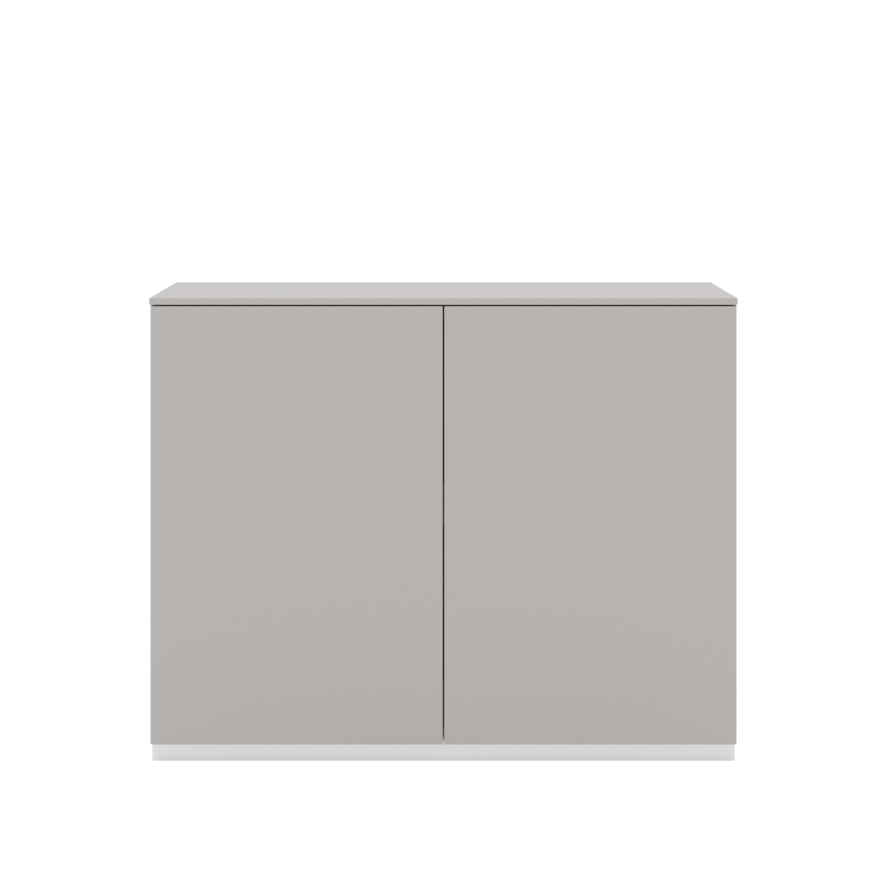 Vor weißem Hintergrund sieht man ein kiesgraues Sideboard mit zwei Drehtüren. Die Türen haben keine Griffe und sind mit einem Push-to-open-Mechanismus ausgestattet. Auf dem Schrank befindet sich eine kiesgraue Abdeckplatte.