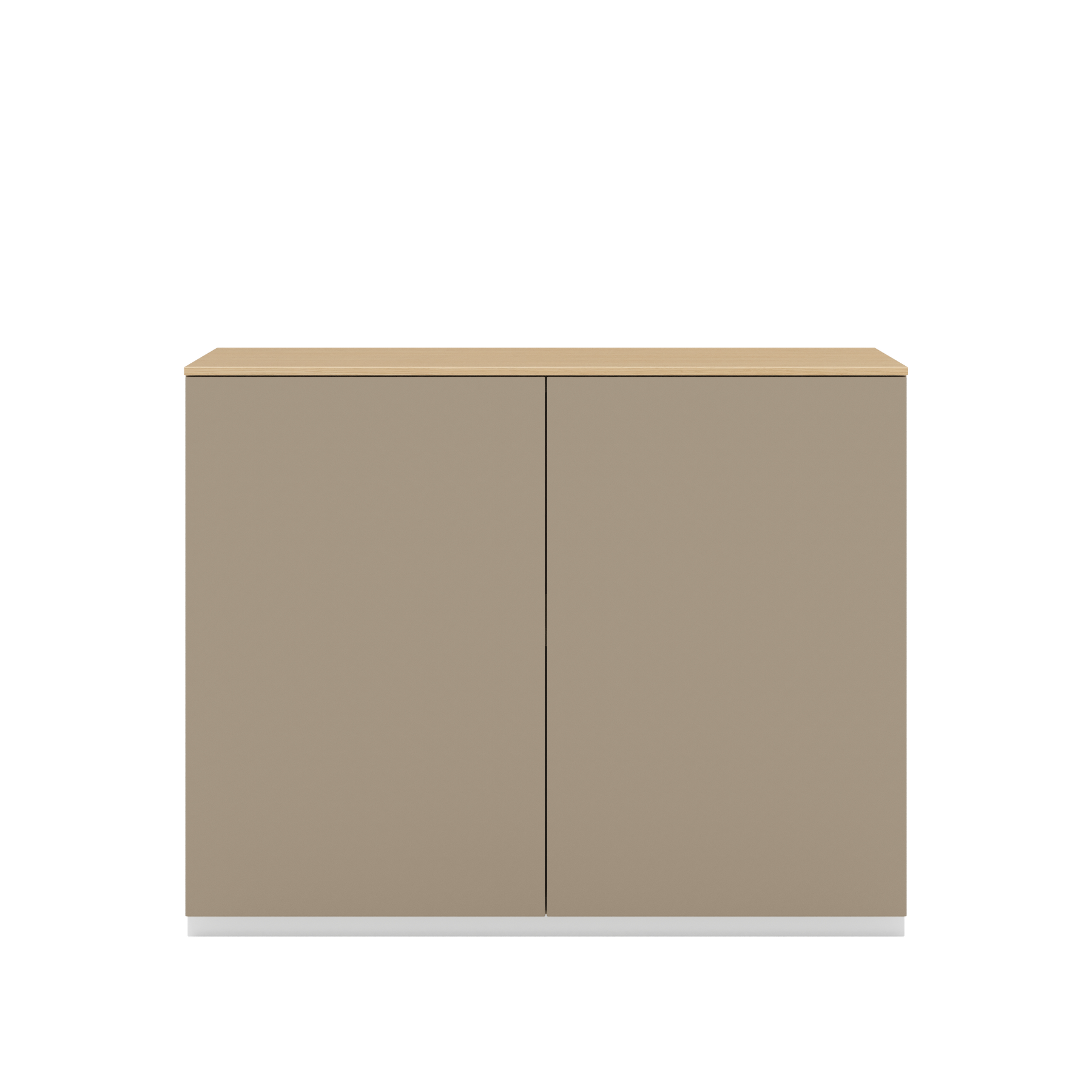 Vor weißem Hintergrund sieht man ein steingraues Sideboard mit zwei Drehtüren. Die Türen haben keine Griffe und sind mit einem Push-to-open-Mechanismus ausgestattet. Auf dem Schrank ist eine Abdeckplatte aus Eichenholz angebracht.