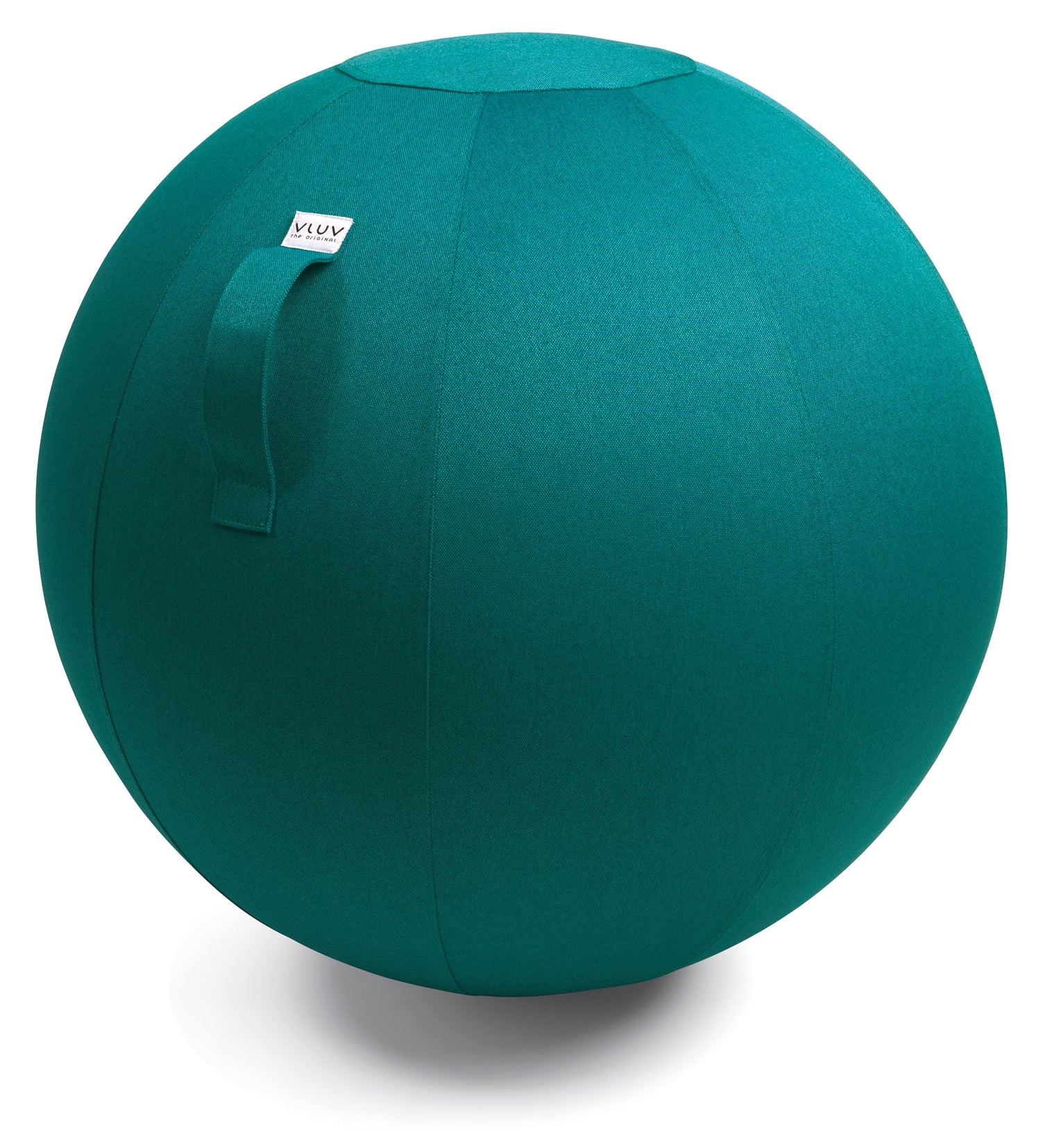 Vor weißem Hintergrund sieht man einen petrolfarbenen Sitzball. Der Bezug ist aus einem strukturierten Möbelstoff gefertigt.
