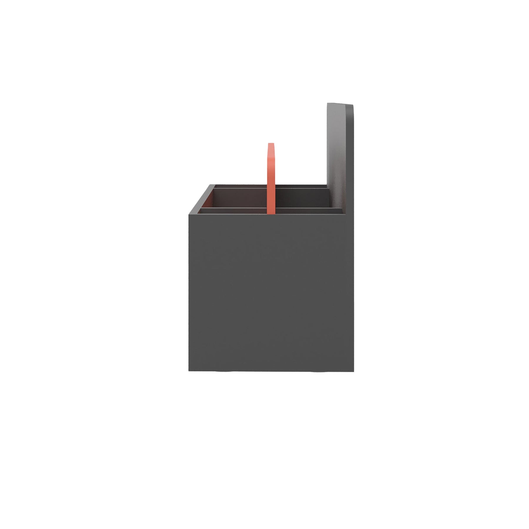 Vor weißem Hintergrund sieht man eine Toolbox von der Seite. Die Toolbox ist graphitfarben mit einem Griffelement in der Mitte, das hellrot ist.