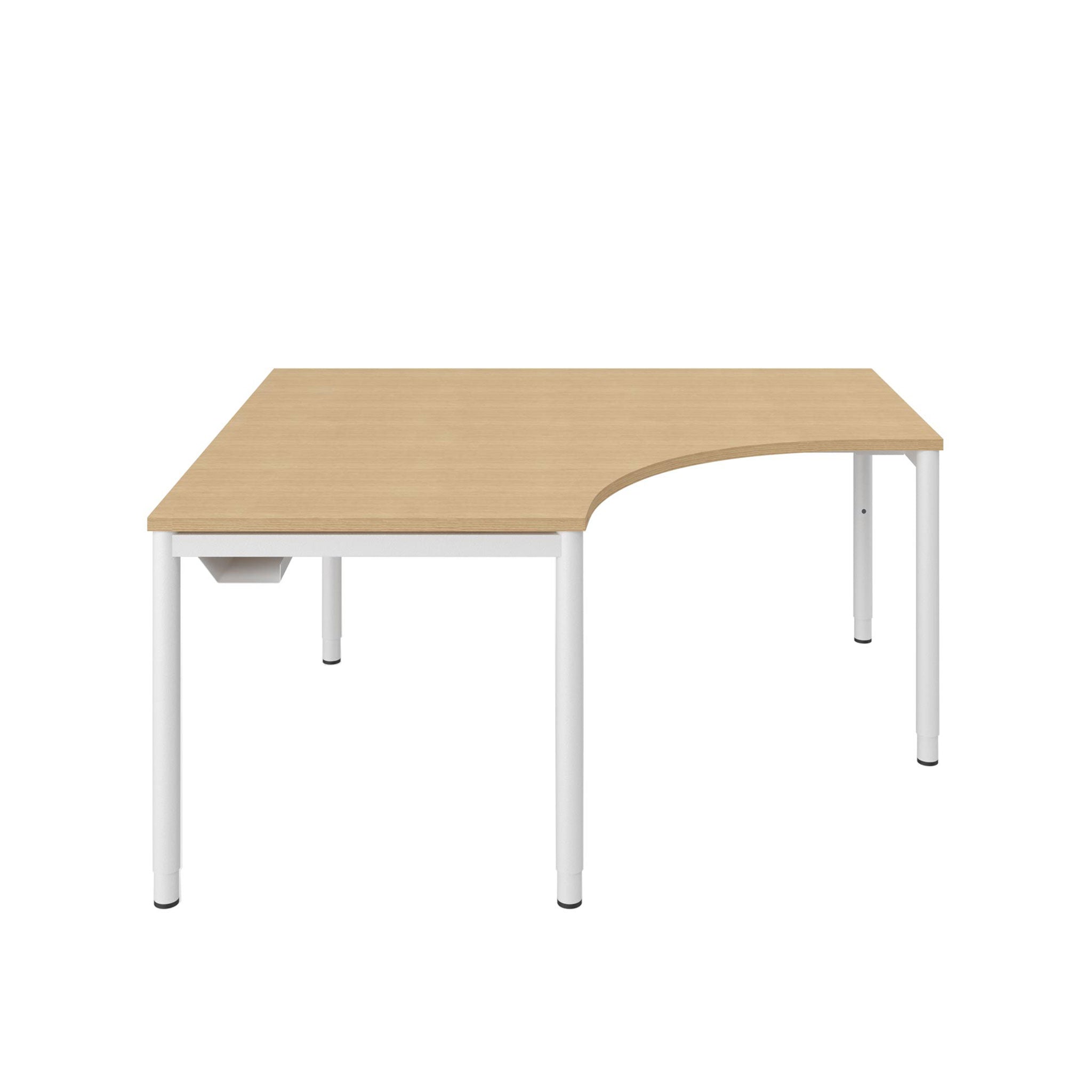 Vor weißem Hintergrund sieht man einen Eckarbeitstisch mit Eichenholz-Tischplatte, das Rundrohr-Gestell ist weiß. Der Ecktisch hat eine gerundete Aussparung. Der Tisch ist höhenanpassbar. Der Tisch hat einen integrierten Kabelkanal, den man auf dezente Weise links unter dem Tisch sieht.
