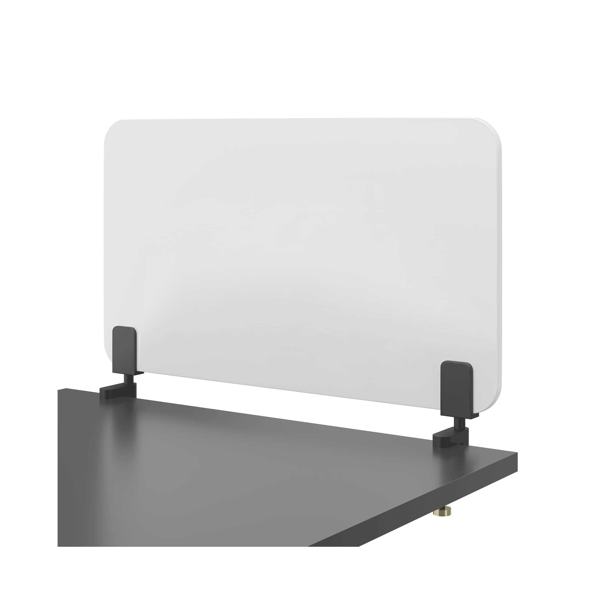 Vor weißem Hintergrund sieht man eine Nahaufnahme einer schwarzen Tischplatte, auf der ein weißes Whiteboard mit einer Mattschwarzen Klemme befestigt ist.