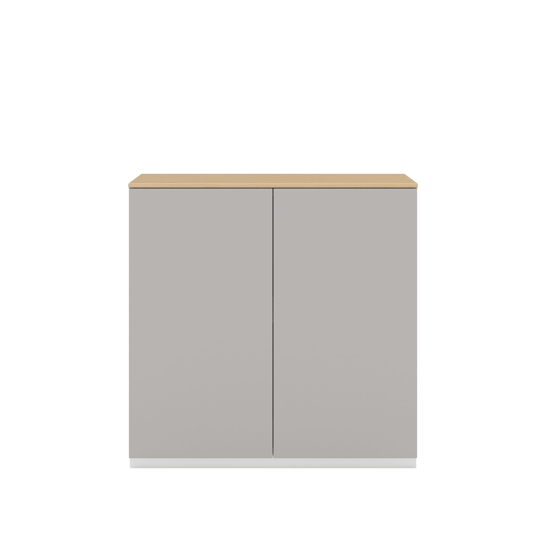 Vor weißem Hintergrund sieht man ein kiesgraues Sideboard mit zwei Drehtüren. Die Türen haben keine Griffe und sind mit einem Push-to-open-Mechanismus ausgestattet. Auf dem Schrank ist eine Abdeckplatte aus Eichenholz angebracht.