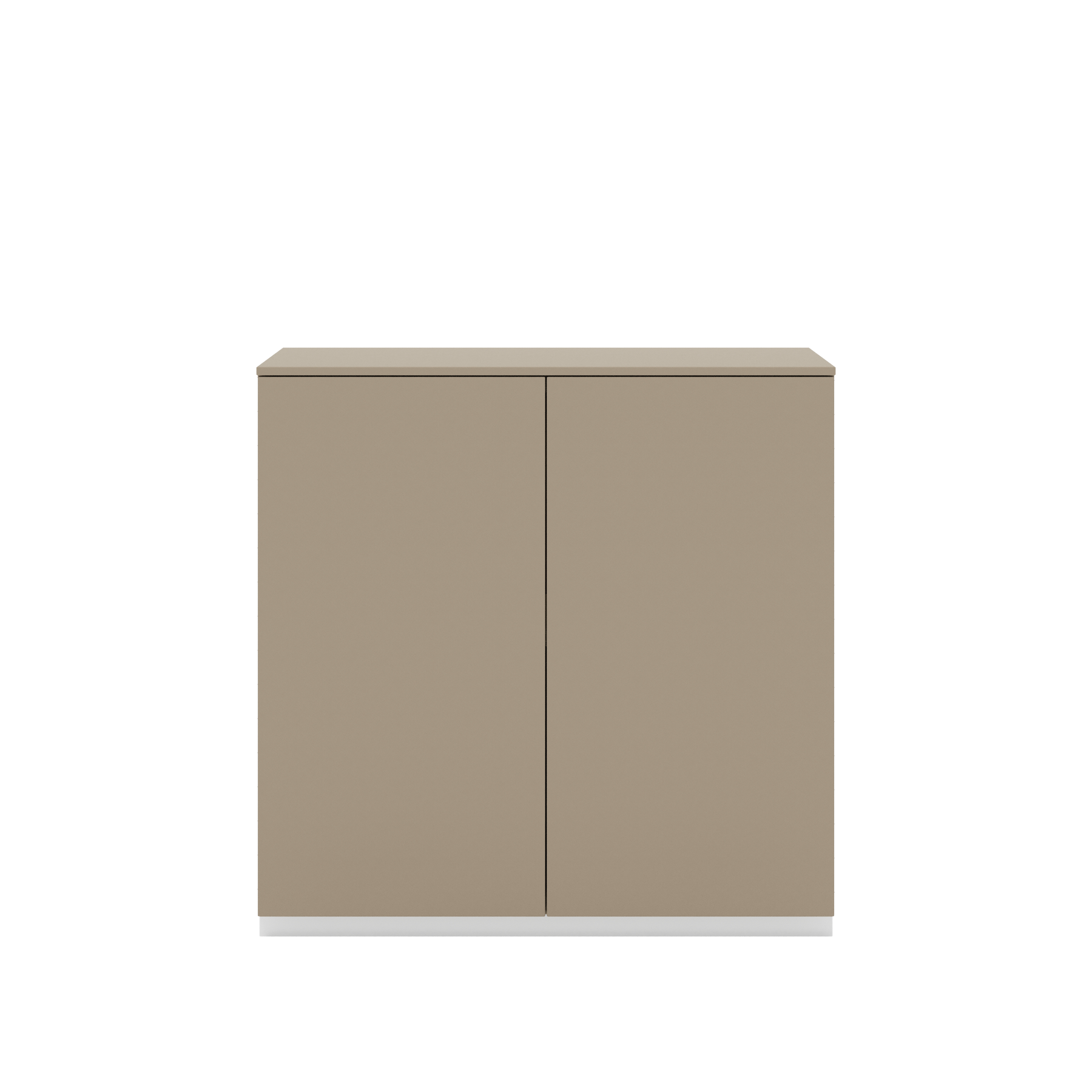 Vor weißem Hintergrund sieht man ein steingraues Sideboard mit zwei Drehtüren. Die Türen haben keine Griffe und sind mit einem Push-to-open-Mechanismus ausgestattet. Auf dem Schrank ist eine steingraue Arbeitsplatte angebracht.