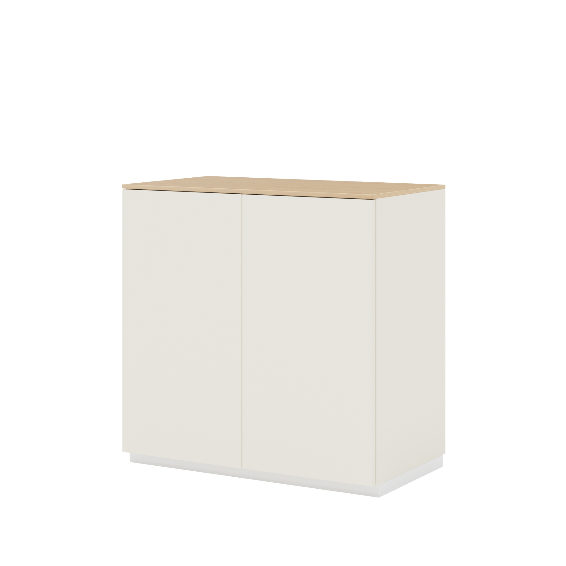Vor weißem Hintergrund sieht man in seitlicher Ansicht einen cremeweißen Schrank mit zwei Drehtüren. Auf dem Schrank ist eine Abdeckplatte aus Eichenholz angebracht.