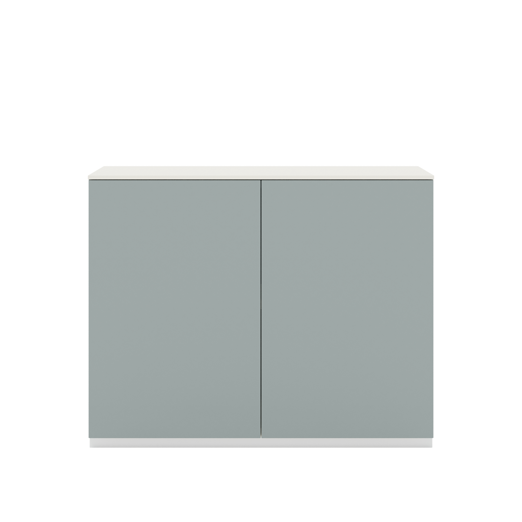 Vor weißem Hintergrund sieht man ein fjordgrünes Sideboard mit zwei Drehtüren. Die Türen haben keine Griffe und sind mit einem Push-to-open-Mechanismus ausgestattet. Auf dem Schrank ist eine cremeweiße Abdeckplatte angebracht.