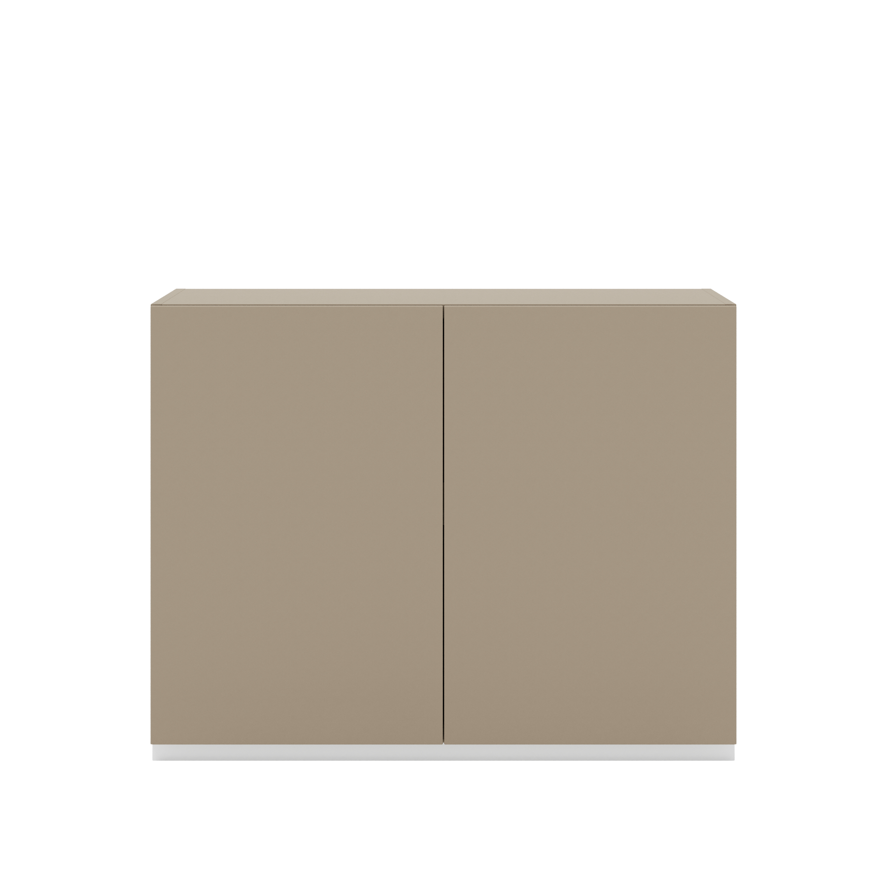 Vor weißem Hintergrund befindet sich ein steingraues Sideboard. Die beiden Drehtüren haben keine Griffe und sind mit einem Push-to-open-Mechanismus ausgestattet.