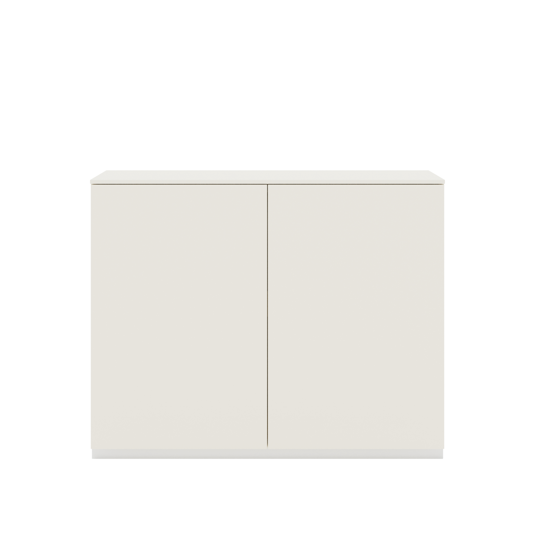 Vor weißem Hintergrund sieht man ein cremeweißes Sideboard mit zwei Drehtüren. Die Türen haben keine Griffe. Auf dem Sideboard ist eine cremeweiße Abdeckplatte angebracht.