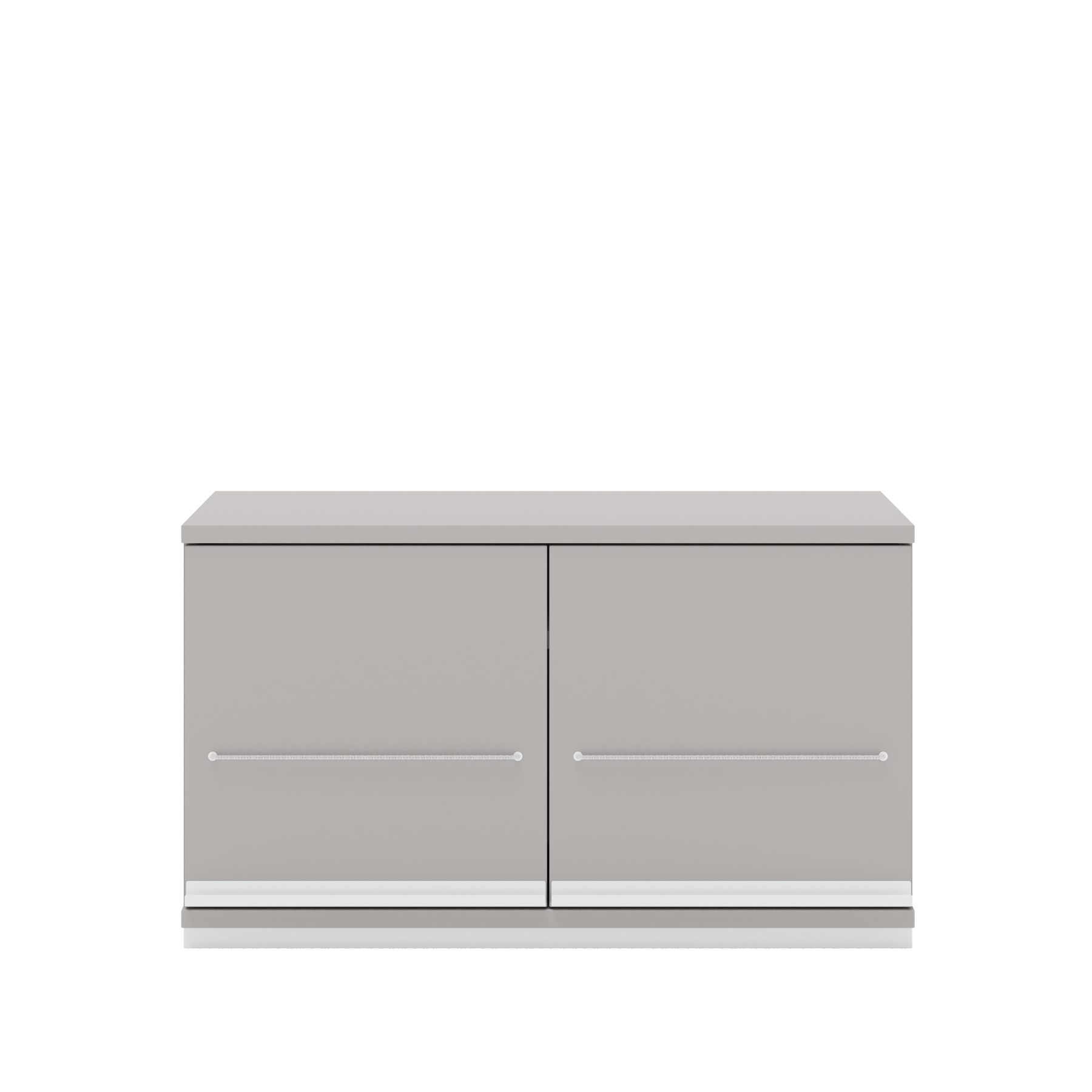 Vor weißem Hintergrund sieht man ein kiesgraues Sideboard. Die beiden Drehtüren sind mit einem Displayset, bestehend aus einer Metallleiste mit Flexbändern, ausgestattet.