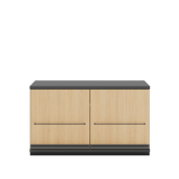 Vor weißem Hintergrund sieht man ein Sideboard mit graphitfarbenem Korpus und Fronten aus Eichenholz. Die beiden Drehtüren sind mit einem Displayset, bestehend aus einer Metallleiste mit Flexbändern, ausgestattet.